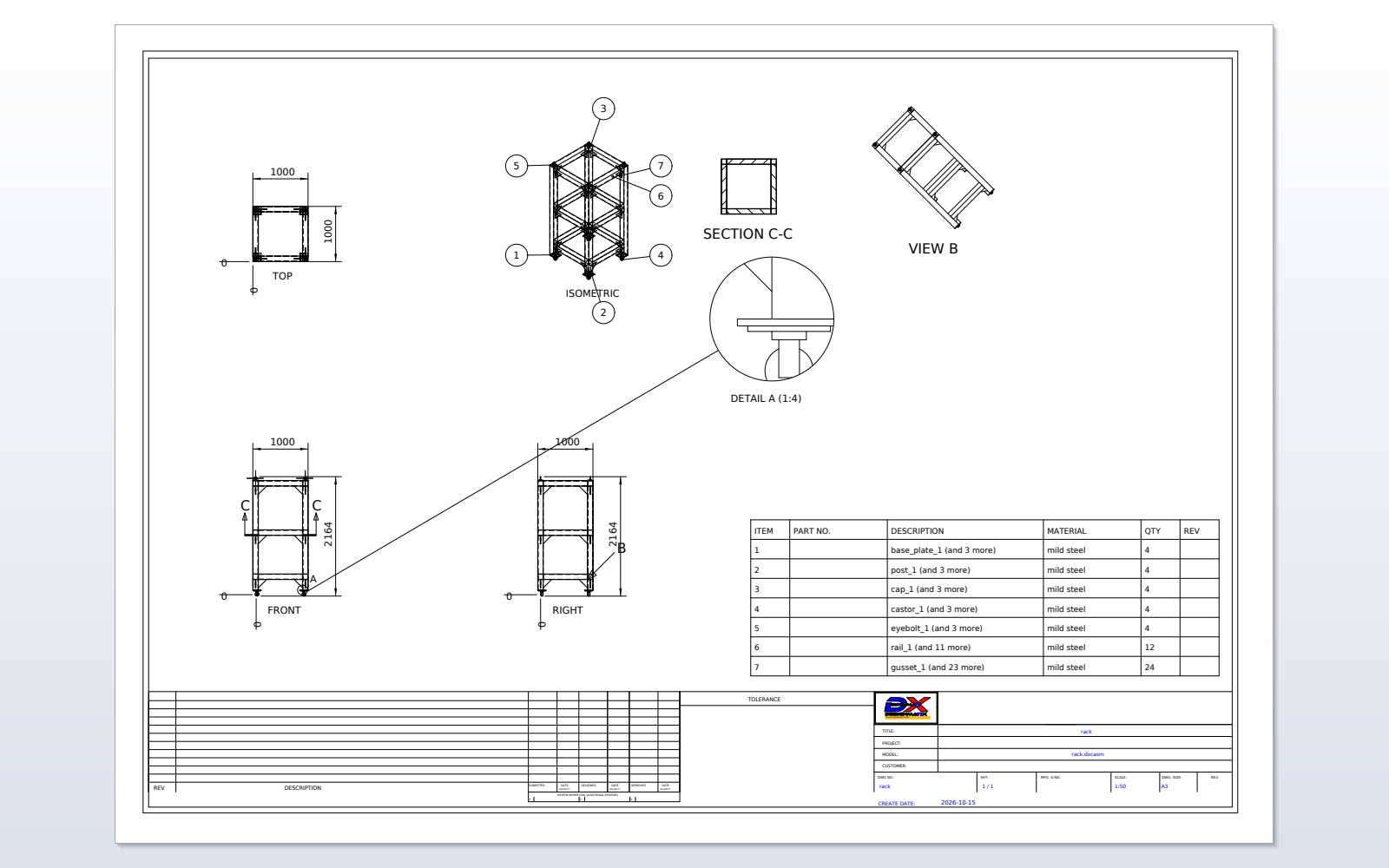 A finished assembly drawing with sections, a detail view, dimensions, balloons and a parts list, made with Drafting Pro
